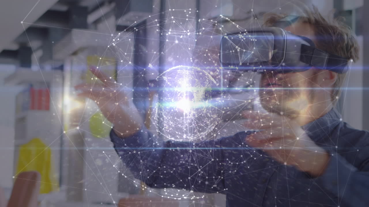 헤드 ⁇ 을 착용한 사람 위의 연결 네트워크의 글로브의 애니메이션