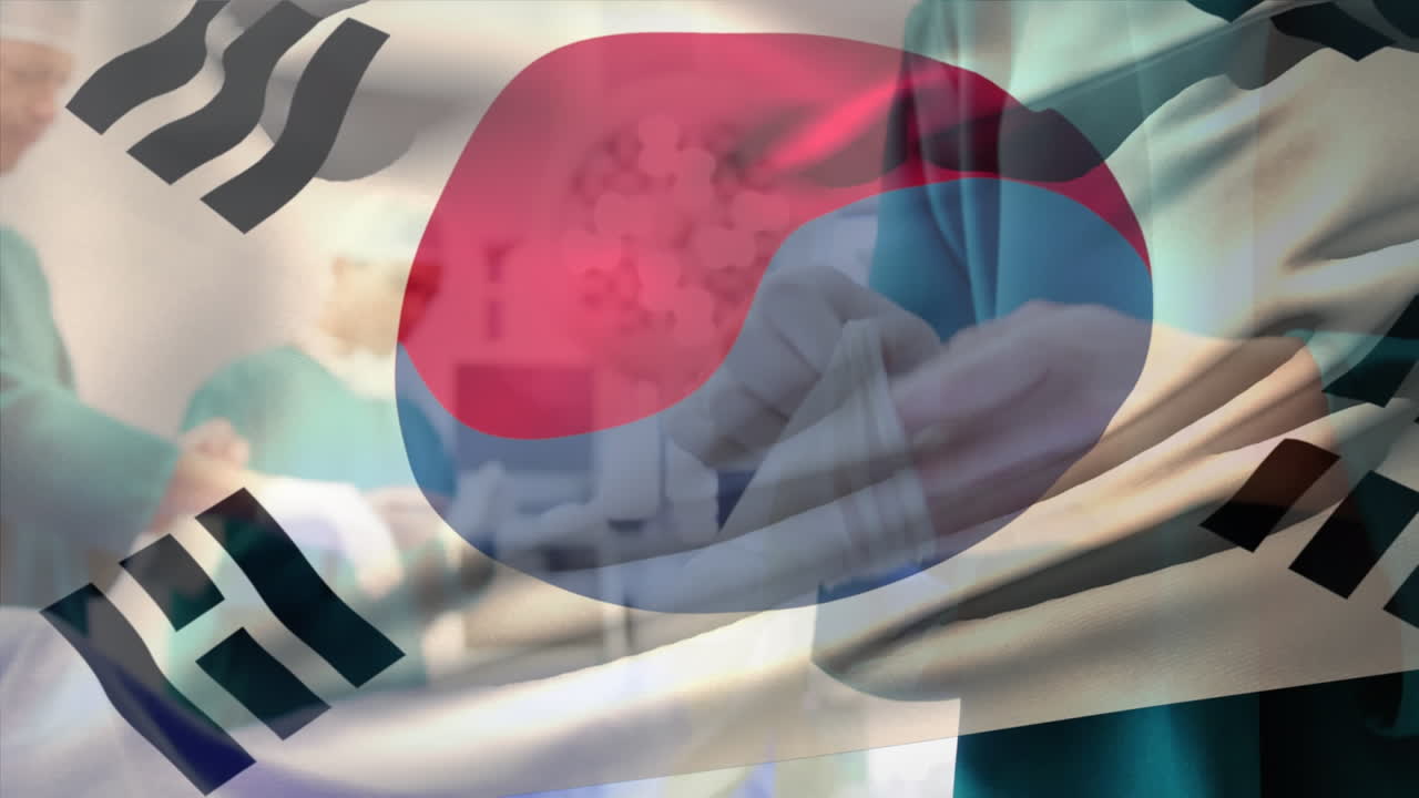 병원에서 수술을 하기 전에 장갑을 입은 다양한 외과의사들 위에 흔들리는 한국 국기의 애니메이션