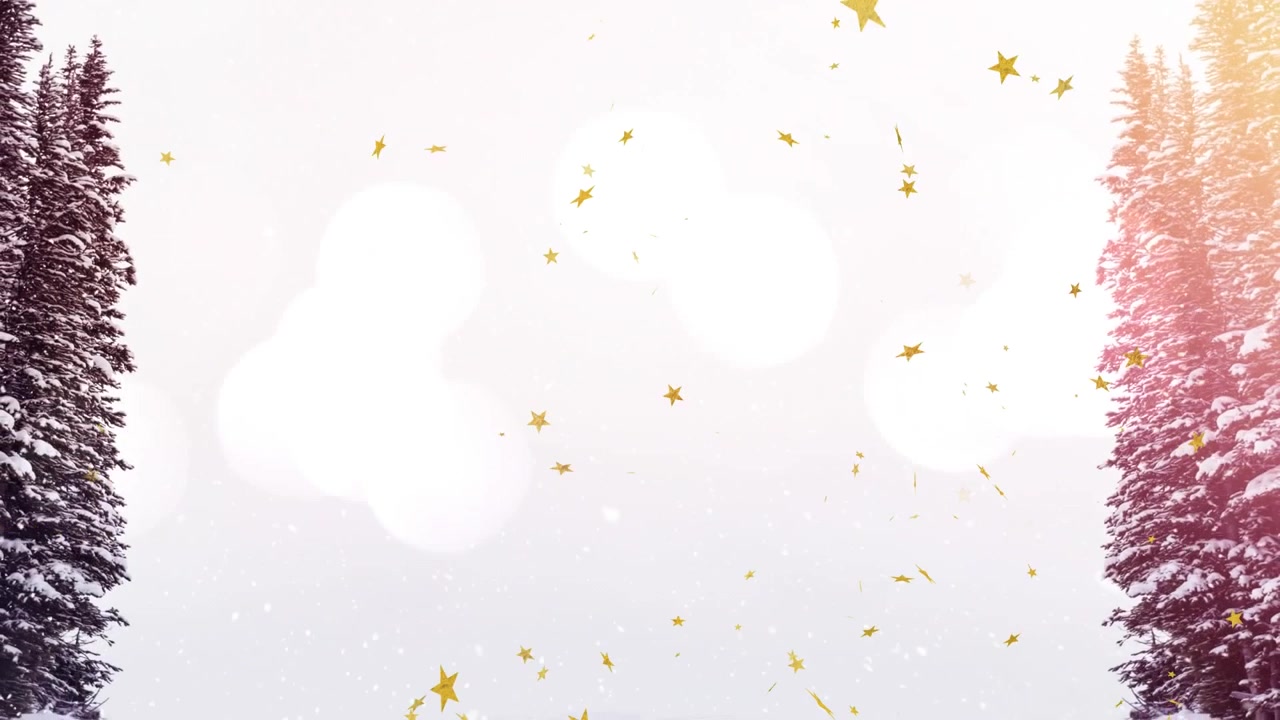 Animación de bokeh, estrellas y nieve cayendo sobre un bosque invernal