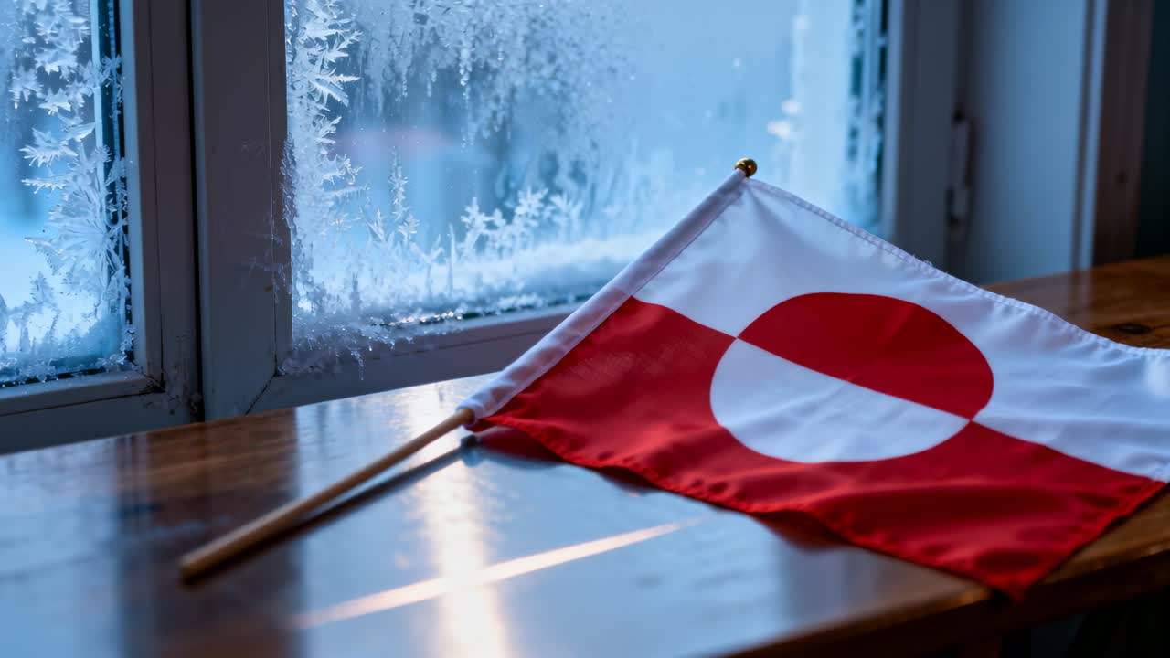 Skiftende kameravinkel som flytter en rød og hvit flaggstang nærmere på bordet ved et frostet vindu, for å vise motiv og gjenskinn