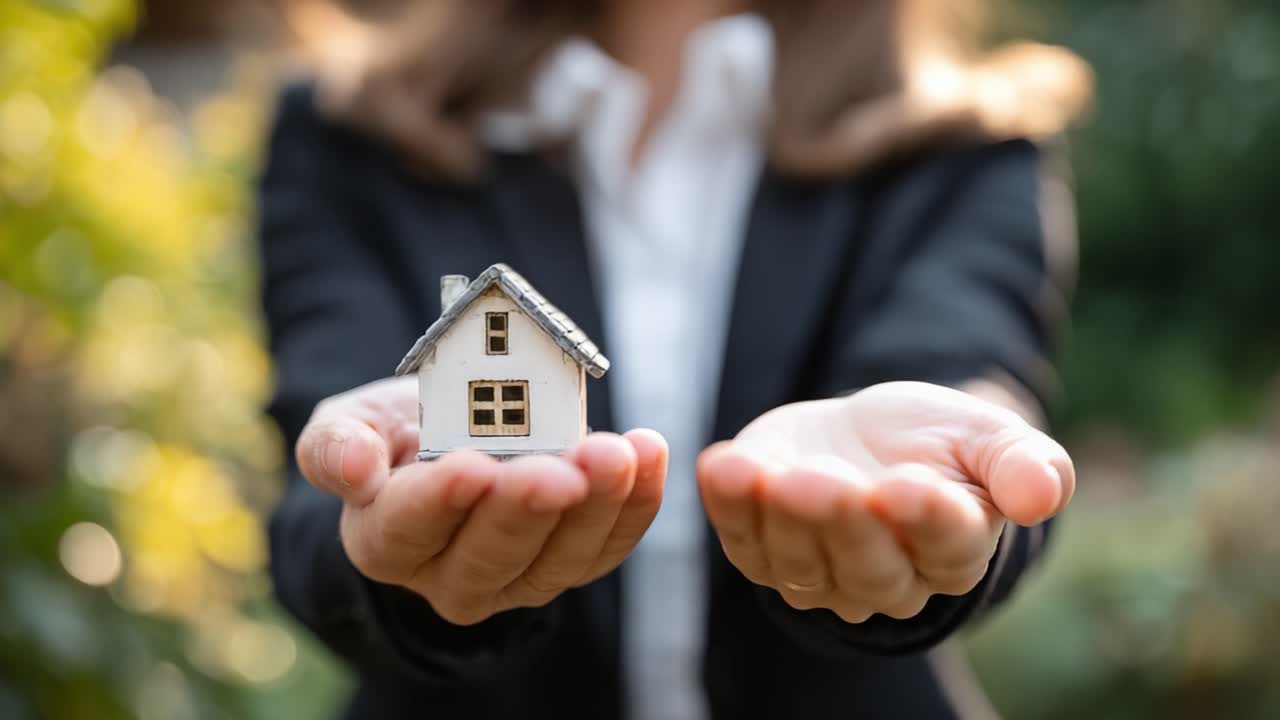 Un Professionista Fiducioso che Tiene un Modellino di Casa in Miniatura in Entrambe le Mani, a Simboleggiare l'Investimento Immobiliare e la Proprietà della Casa.