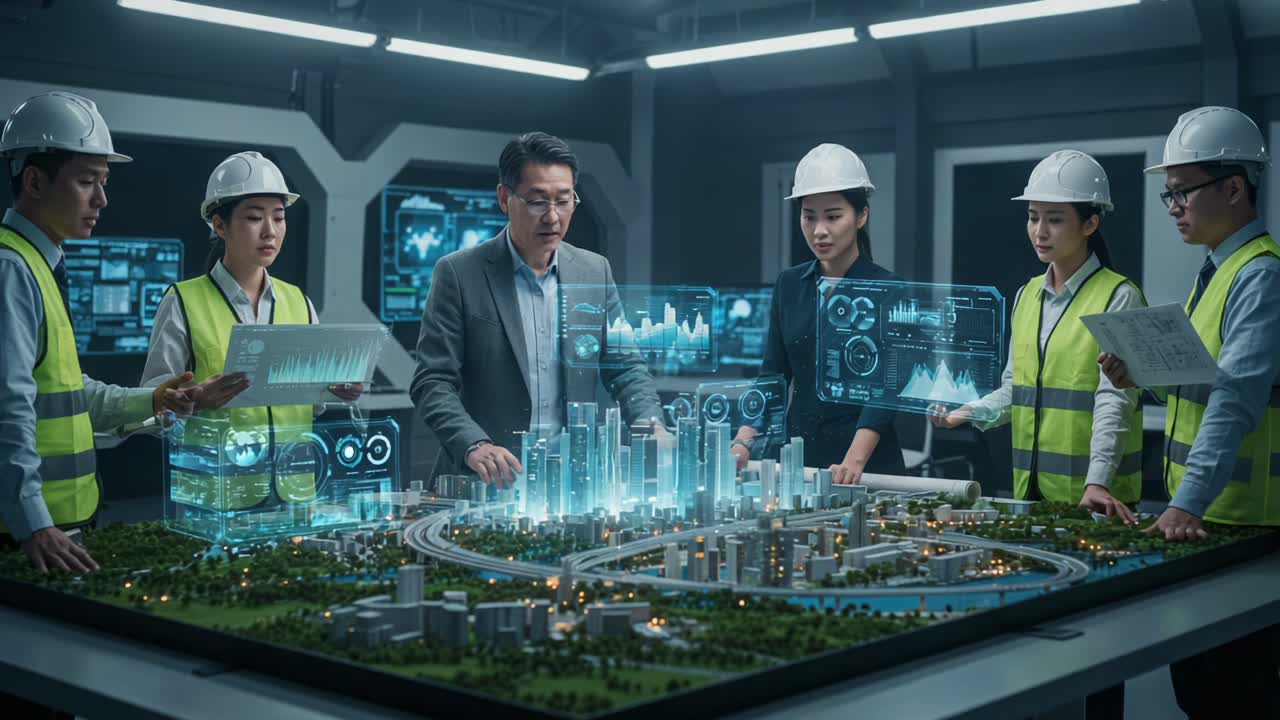 Team of Engineers Collaborating on Urban Development Project with Digital Models and Data Visualization in High-Tech Environment
