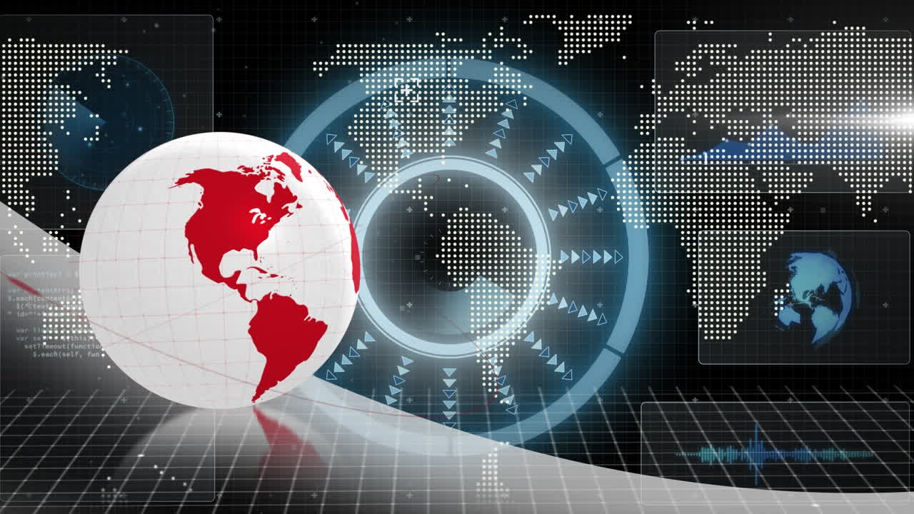 은 지구와 원형 스캐너의 애니메이션으로 검은 바탕에 세계 지도에 대한 데이터를 처리합니다.