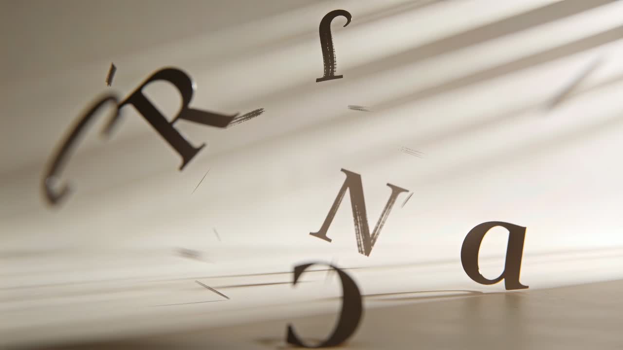 Clip starting, centered capital N and letters rotating, descending in room, casting slatted shadows
