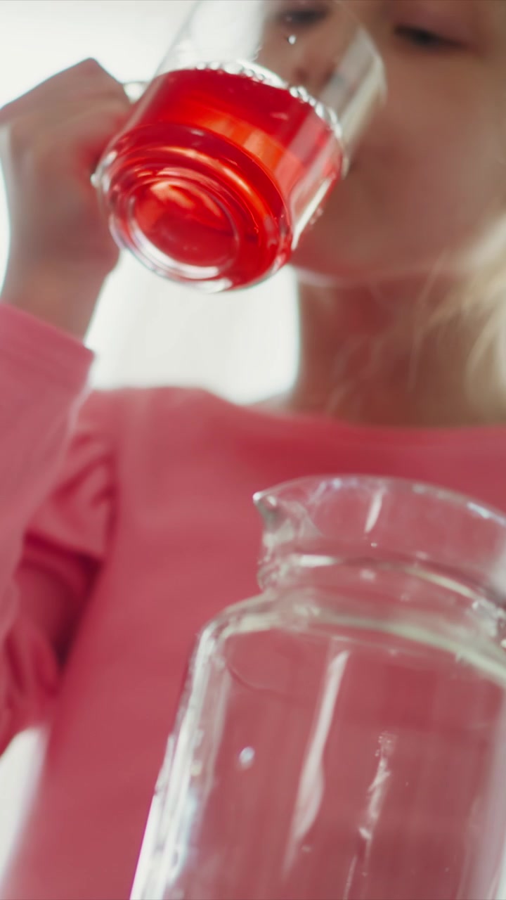 Una giovane ragazza versa un liquido rosso da una brocca di vetro in un altro contenitore trasparente, poi beve la bevanda. La ragazza indossa un top rosa ed è ripresa in primo piano con illuminazione brillante su uno sfondo morbido.