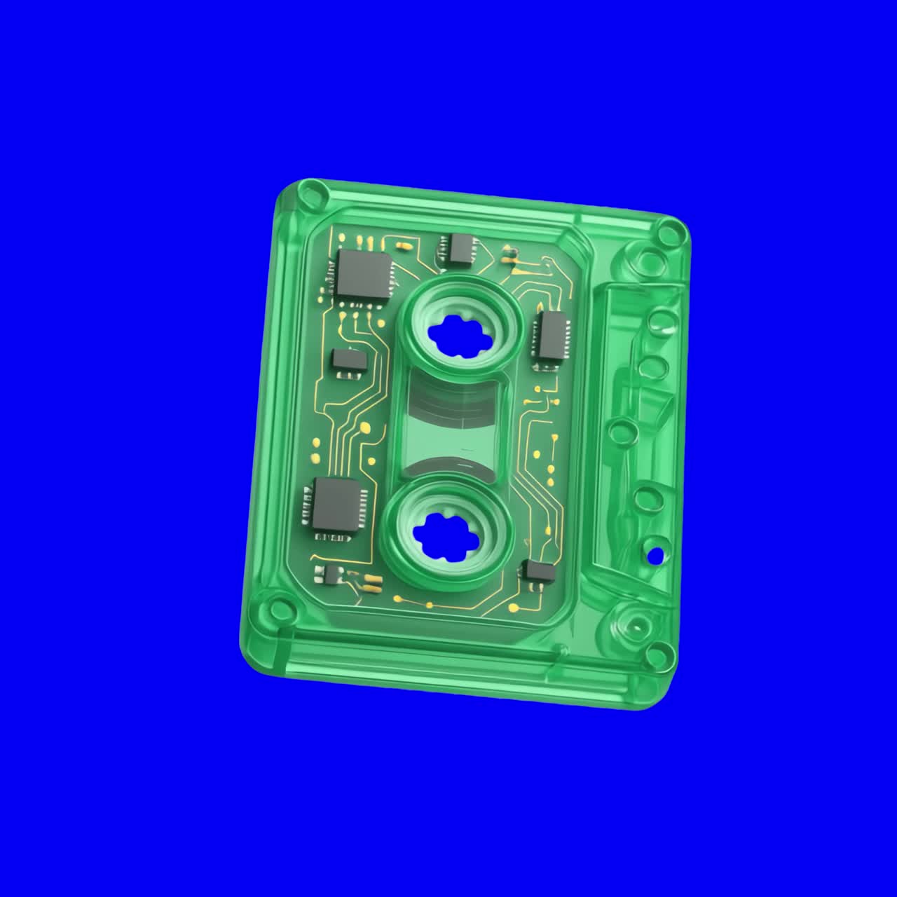 Retro tech kassettebånd og kredsløbsfusionsanimation, transparent 4K video, green screen.