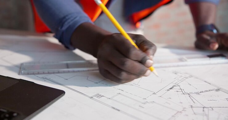 Architect Drawing Construction Plans on Blueprint in Office