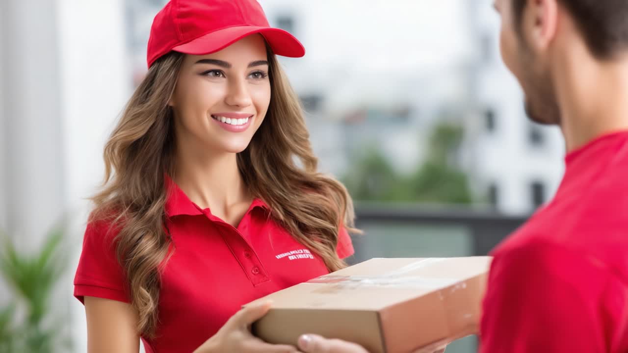 A Smiling Delivery Person Handing Over a Package to a Customer in Casual Setting, Showcasing Friendly Service and Customer Interaction