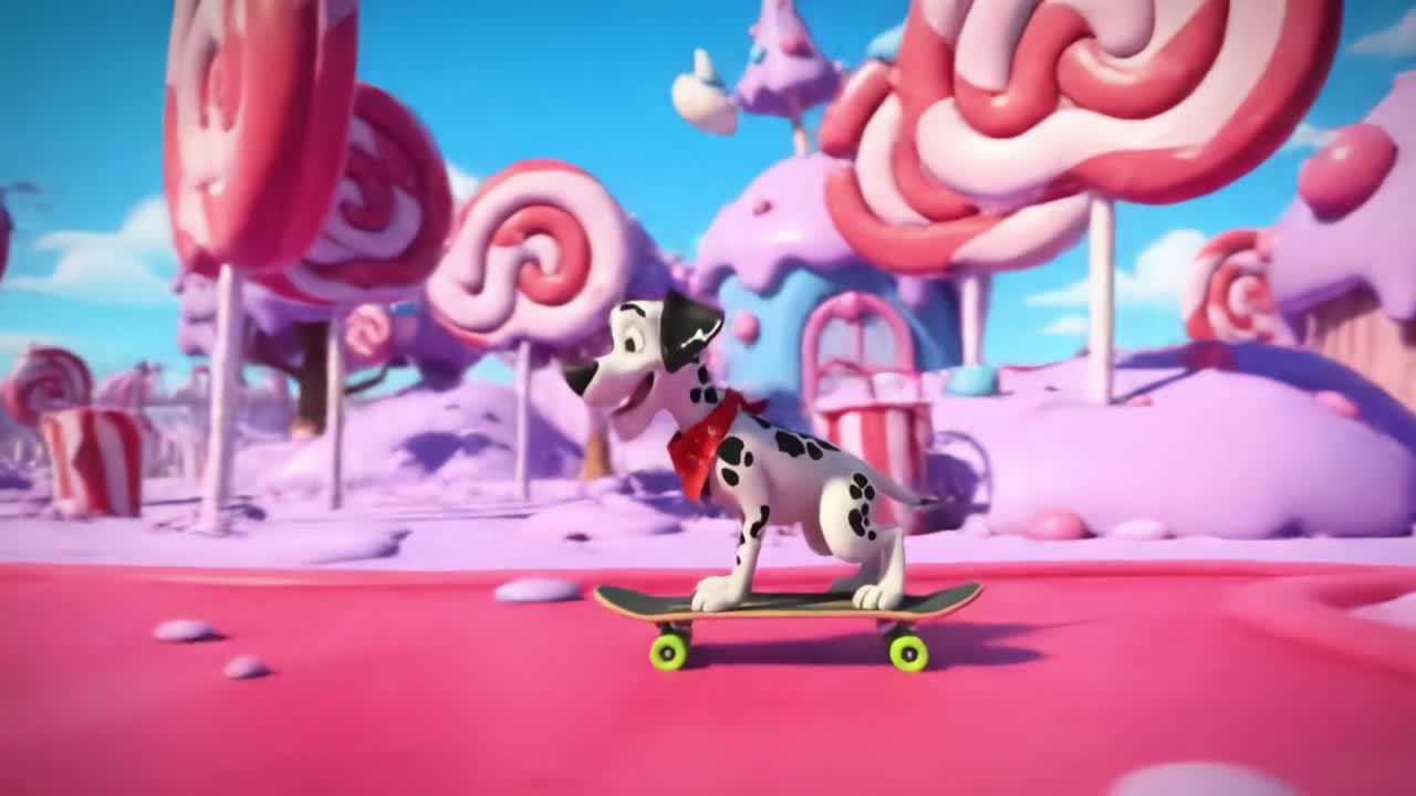 A Playful Dalmatian Dog Skates Through a Colorful Candy Wonderland Filled with Lollipop Trees, Swirls of Cotton Candy, and Vibrant Pastry-Inspired Architecture