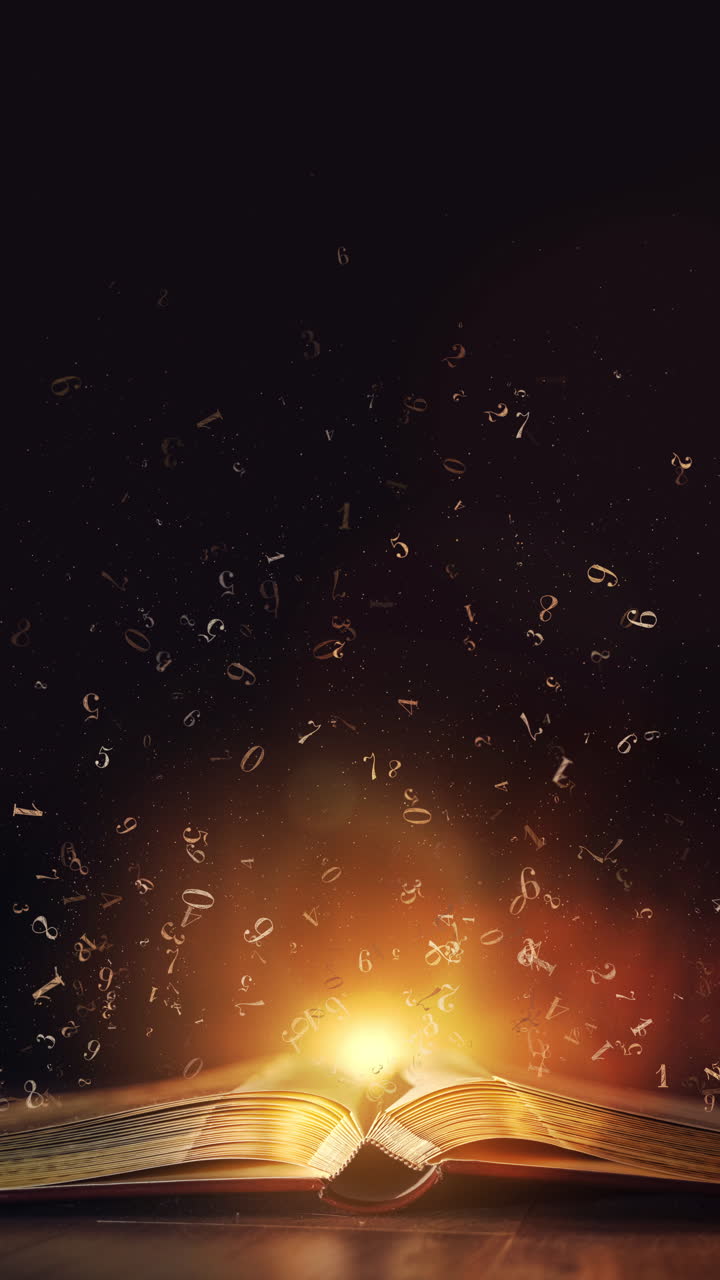 An unfolded magical book with a bright glow, sparks and numbers flying out of the pages. Looped animation. Vertical video.