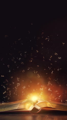 an unfolded magical book with a bright glow, sparks and numbers flying out of the pages. looped animation. vertical video.