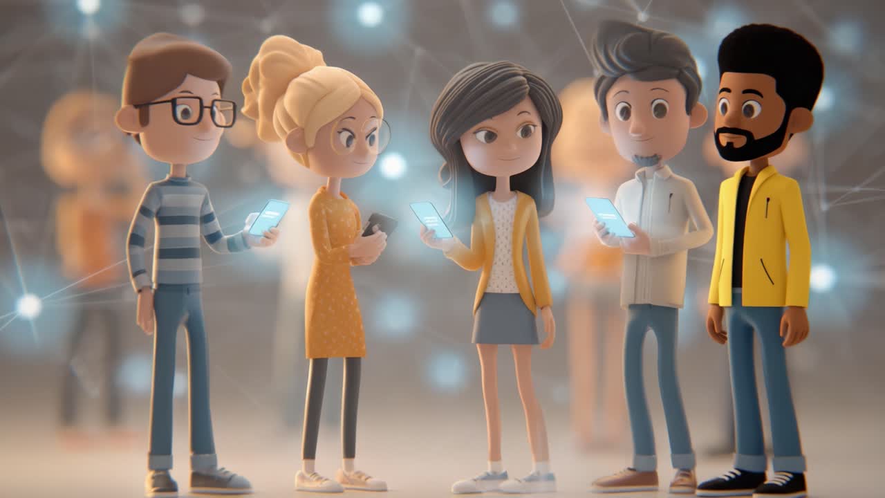 A group of animated characters engaging in a lively conversation, each holding their smartphones, showcasing connections and interactions within a digital network in a vibrant setting