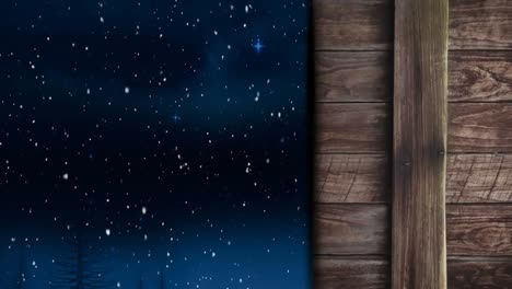 Animation-of-falling-snow-and-christmas-stars-in-night-sky,-with-rustic-wooden-wall