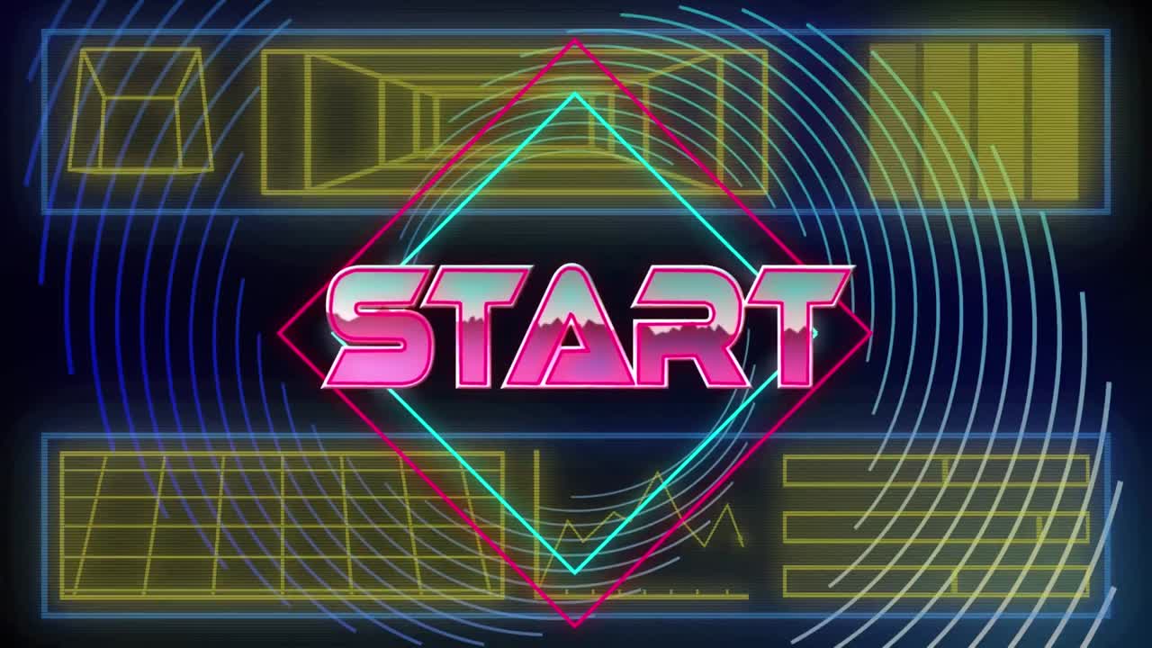 Animation of start text over neon pattern on dark background