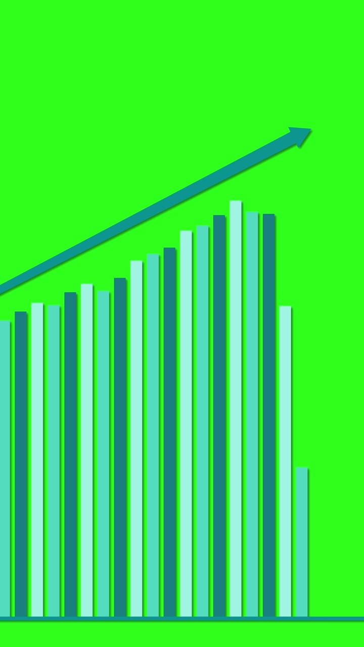 Lodret søjlediagram vokser støt med opadgående pil, grøn baggrund, jævne overgange, finansielt tema