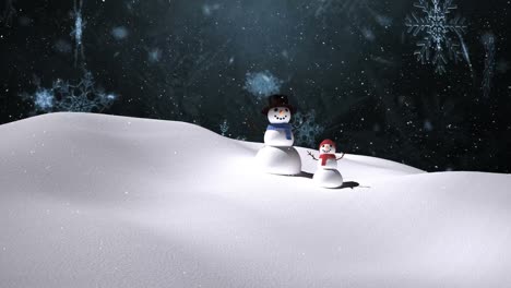 Animation-of-snow-falling-over-smiling-two-snowmen-in-winter-scenery