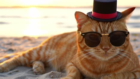 a playful orange tabby cat lounges on the sandy beach, sporting stylish sunglasses and a small black hat. the sun sets on the horizon, painting the sky with warm golden hues, while gentle waves lap at the shore. the cat enjoys the serene atmosphere, embodying a carefree spirit on this beautiful even