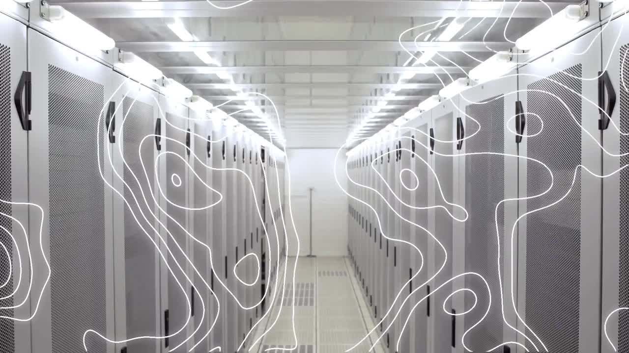 Animation of white lines and data processing over computer servers