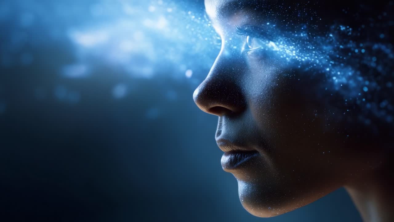 A profile view of a contemplative figure surrounded by cosmic elements, illustrating the connection between human consciousness and the universe's vast mysteries