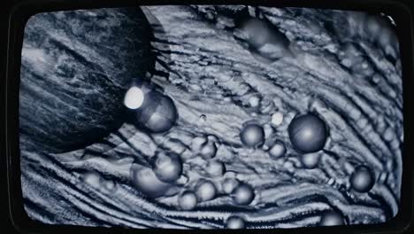 close-up of a vintage tv screen displaying abstract black and white patterns, resembling static