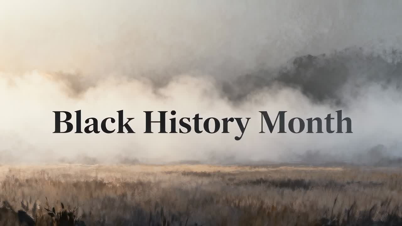 Opening serif title Black History Month fading and darkening over misty meadow for legibility