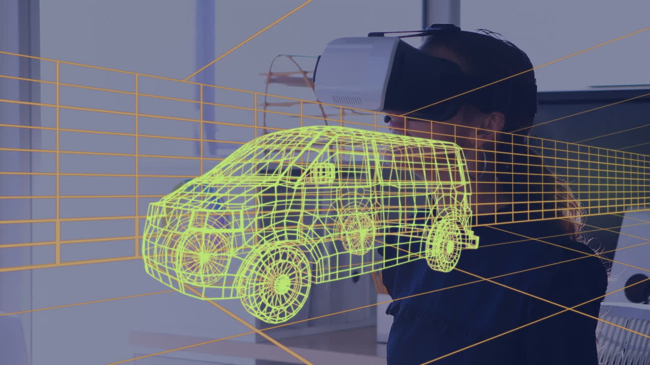 animación de dibujo 3d digital de un coche sobre una mujer usando auriculares vr