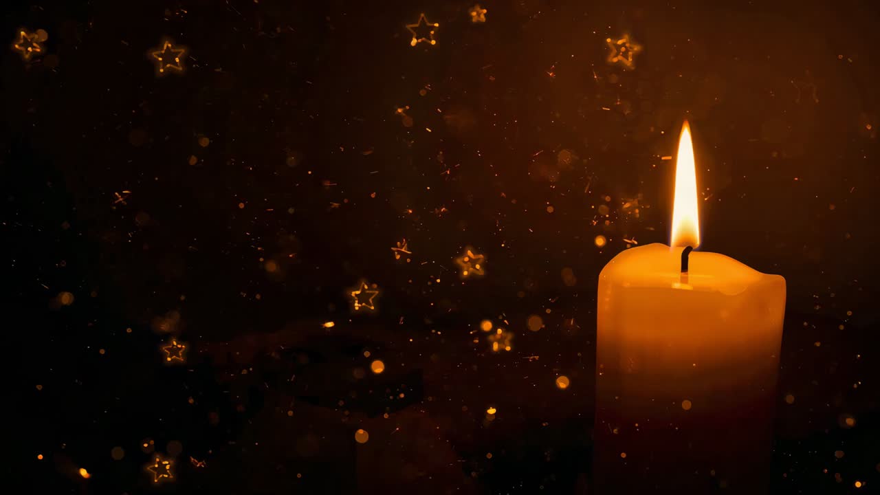Casting warm light, pillar candle filling studio with star bokeh, creating festive glow, copy space