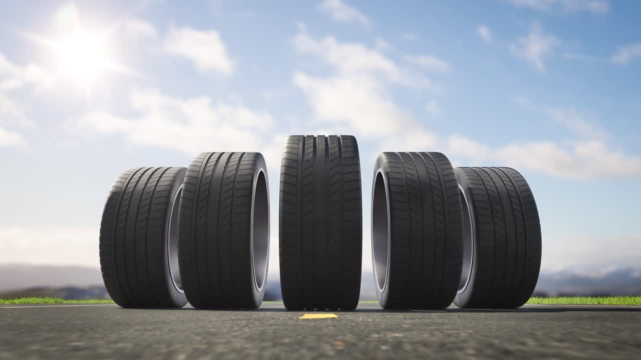 여름에 아스팔트 위에 굴러가는 루프 자동차 타이어