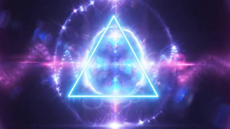A Vibrant Neon Triangle Surrounded by Pulsating Waves: An Energetic Fusion of Light and Color in Abstract Visuals