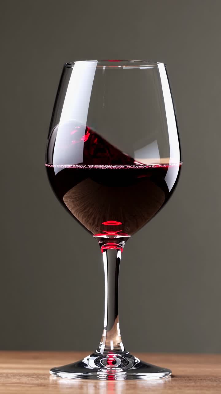 Close-up video of an empty wine glass on a wooden table, shot from a straight-on angle
