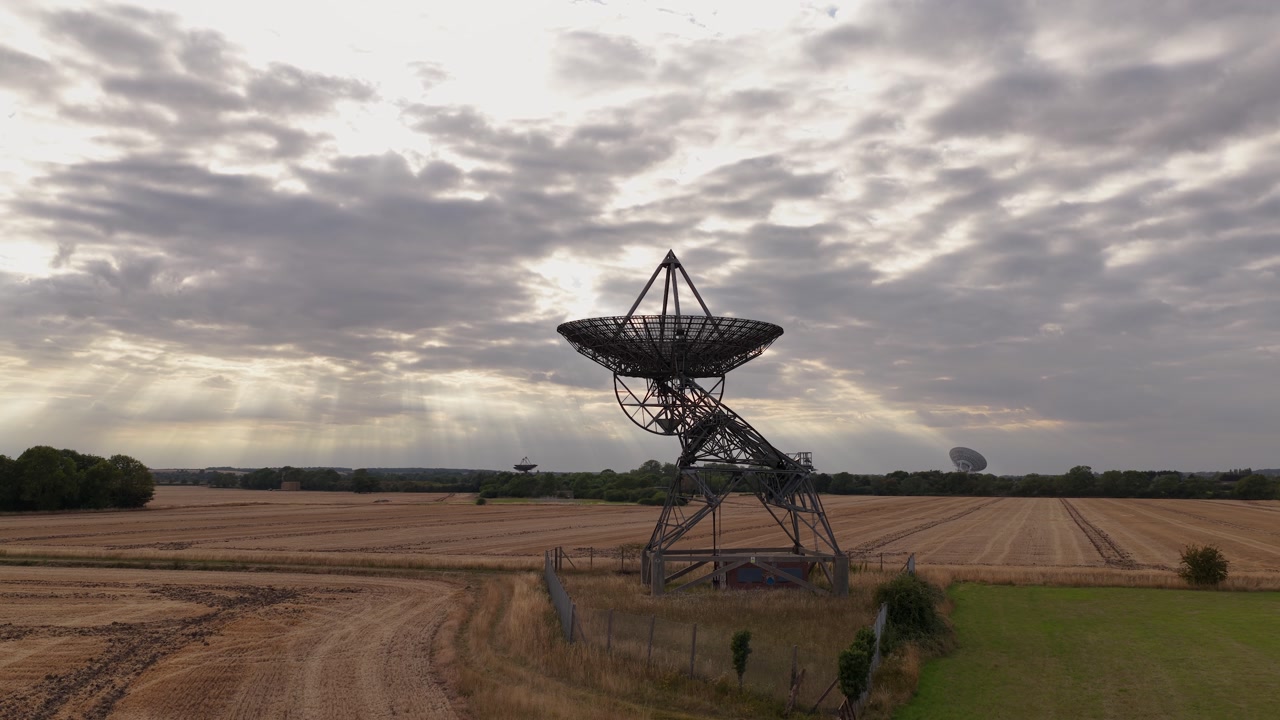 The One-Mile Telescope At Sunrise In The Mullard Radio Astronomy Observatory (MRAO) Near Cambridge, UK. Aerial Drone Shot