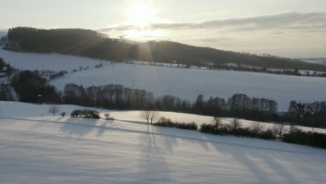 rising aerial shot of frozen farm field and forest, winter landscape at sunrise