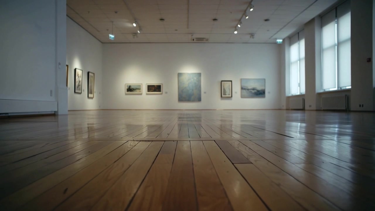 Kamera zieht sich aus niedriger Perspektive zurück, zeigt gerahmte Kunst an Galeriewand, Holzboden, für Tiefe