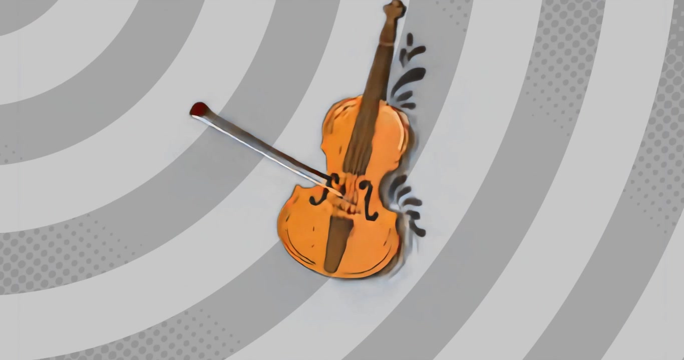 Grey swirl backdrop sparking silver-red bow drawing over orange violin showing circular motion
