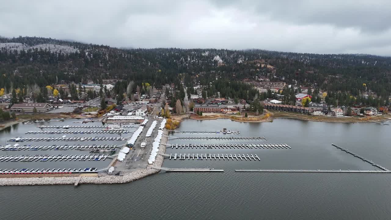 Balanced shot showing tall pines against open sky at the Marina in Big Bear Lake Ca