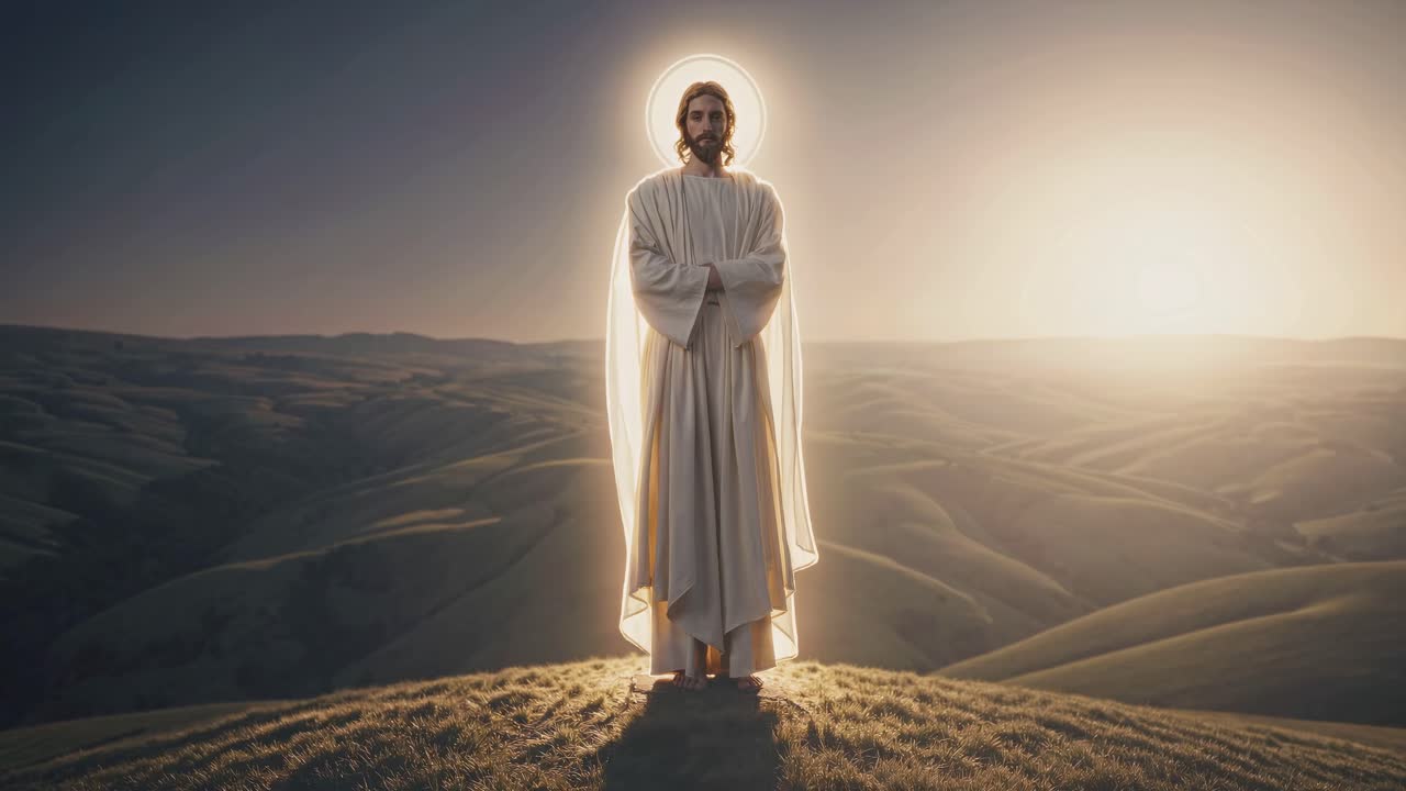 A serene video scene with a divine figure in white robes, glowing in a sunset landscape