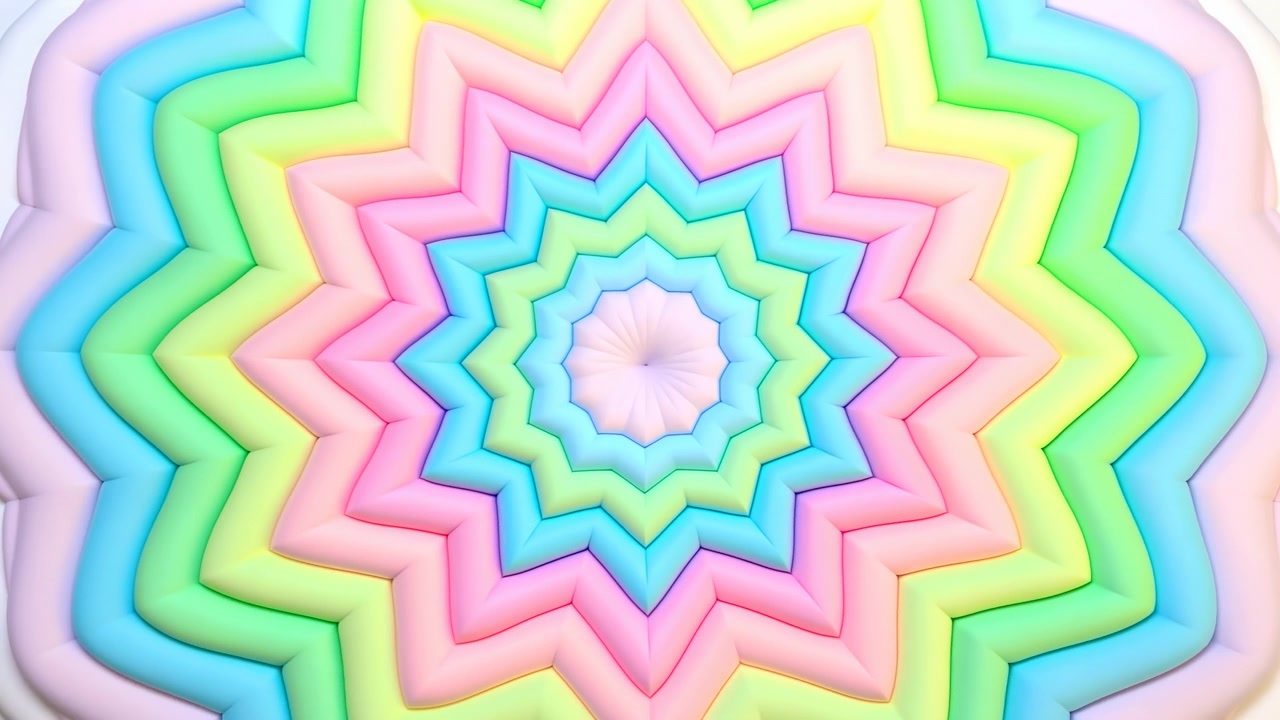 Morbide fasce multicolori si muovono attraverso strati radiali centrati, trasformandosi da increspature circolari in forme di stelle appuntite, mantenendo sfumature pastello luminose e una simmetria equilibrata.