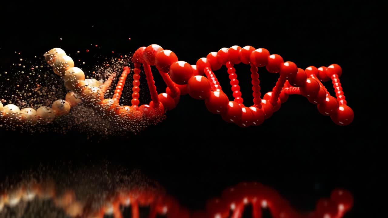 Dynamic Visualization of DNA Structure Depicting Molecular Interactions Through Vibrant Colors and Particles in Motion Against a Dark Background