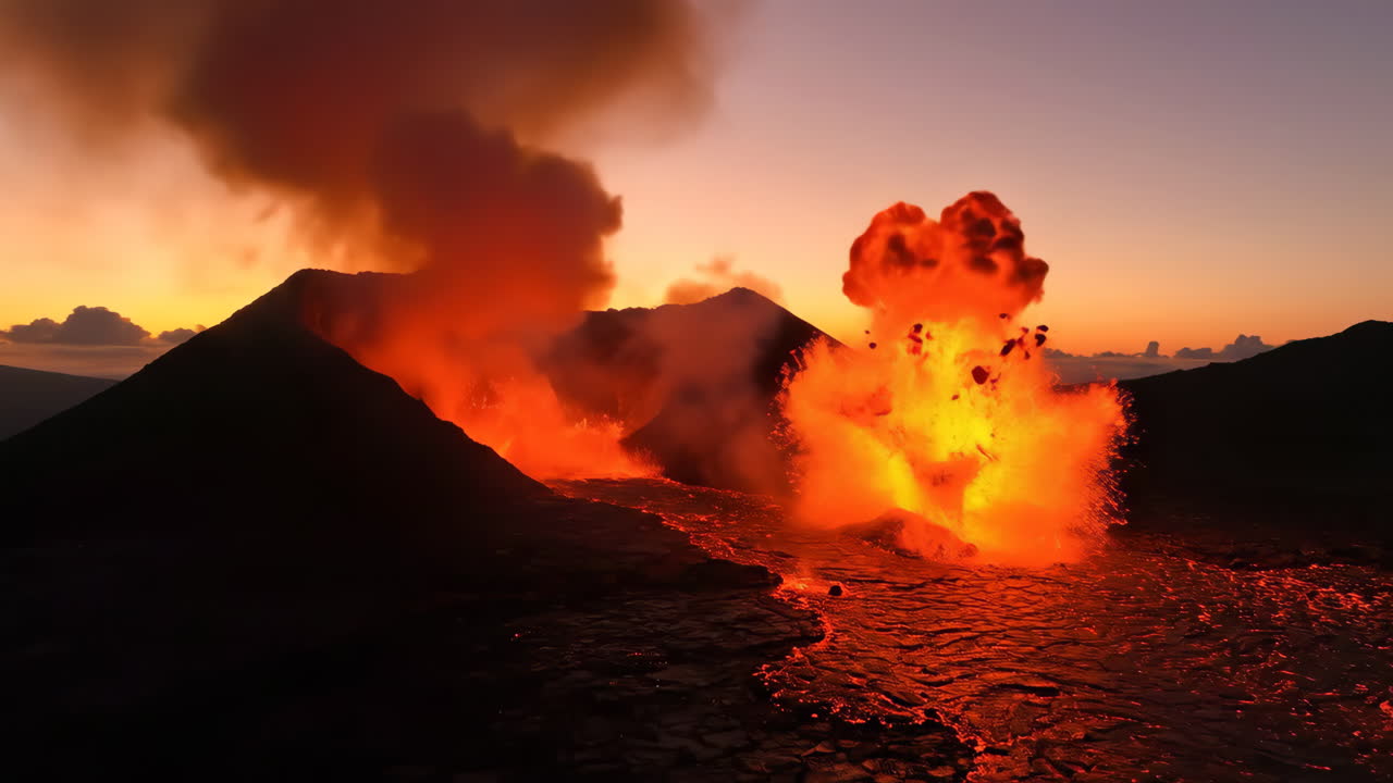 erupción volcánica al atardecer