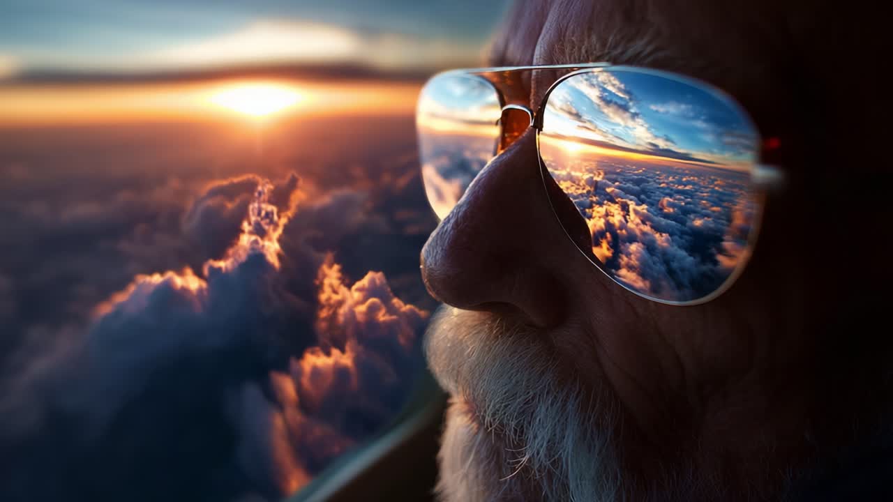 A contemplative traveler gazes into the horizon at sunset, reflections of clouds illuminating his sunglasses, evoking feelings of adventure and introspection high above the world