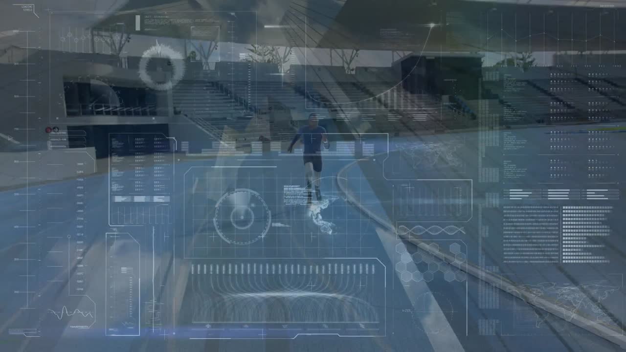 Animation of interface with data processing over man with prosthetic legs running on sports field