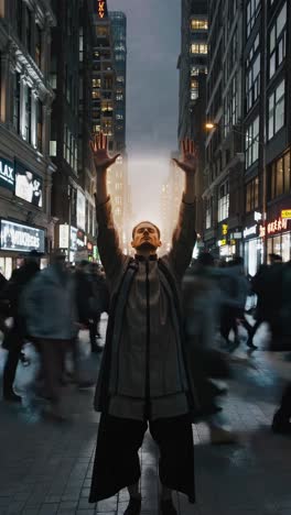 Young male standing with raised arms, experiencing spiritual awakening amid blurred urban crowd, representing inner tranquility against bustling city background