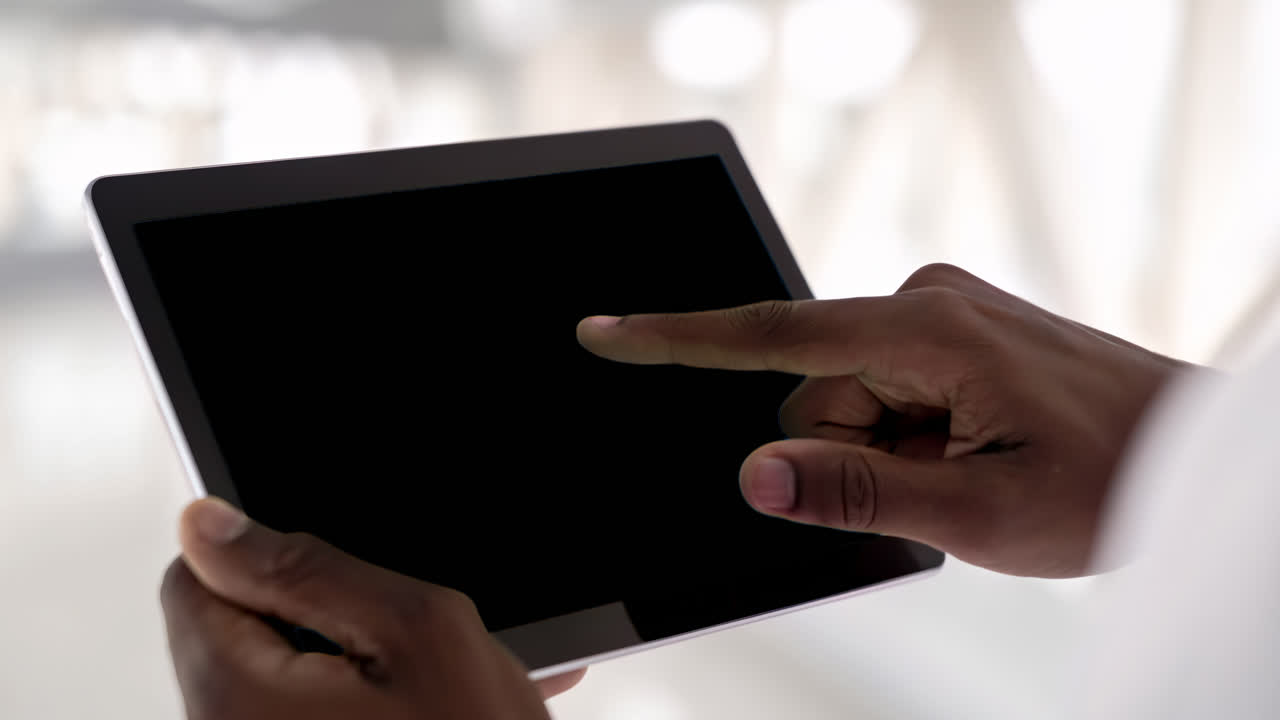 African American man using digital tablet screen live mockup animated overlay, transparent 4K video