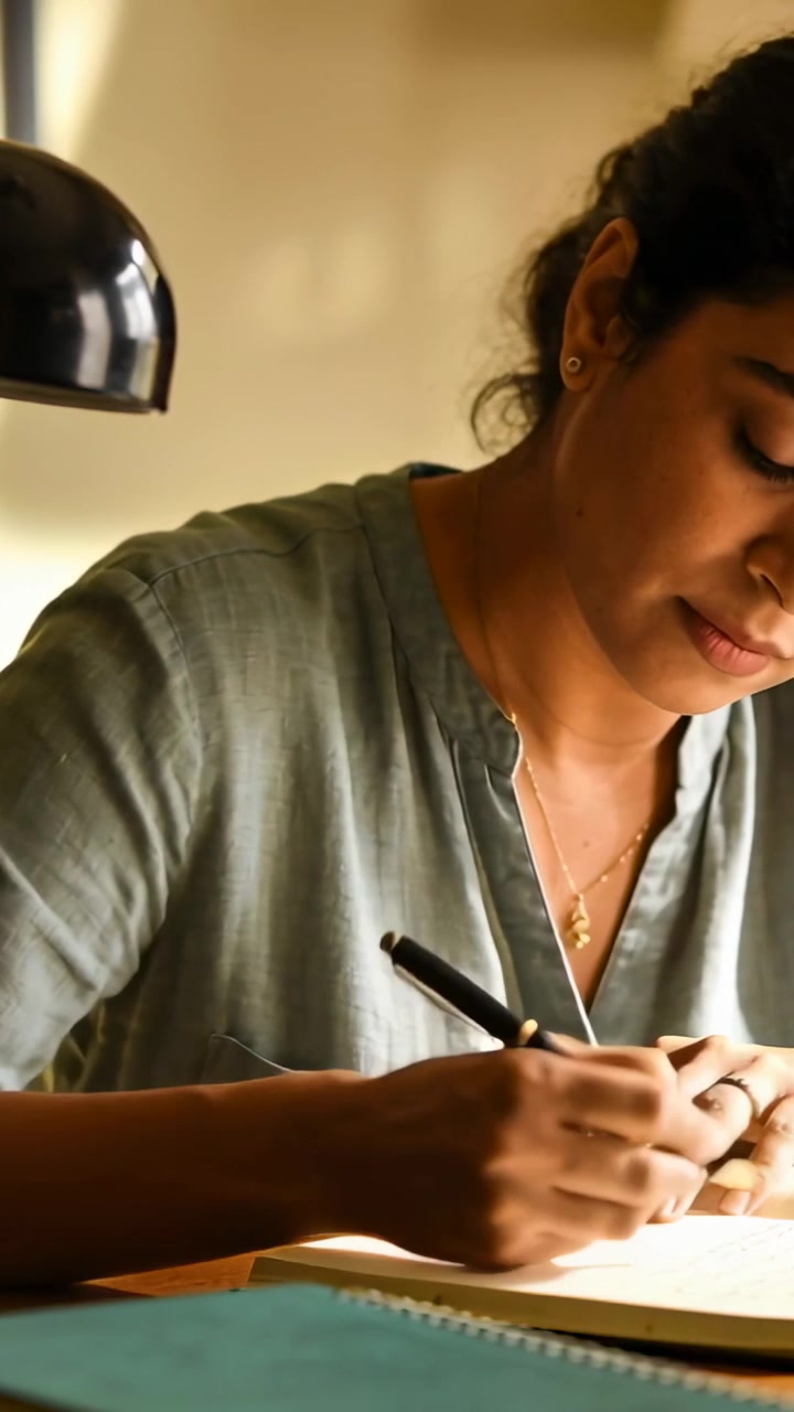 Vertical video: Poising pen, woman in green shirt writing at desk on yellow notepad for study