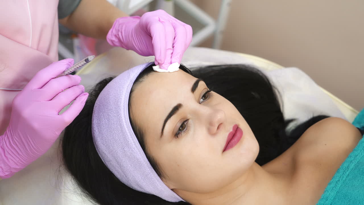 Hands of cosmetologist making injection in face. Aesthetic cosmetology. Rejuvenating facial injections. Cosmetologist job.