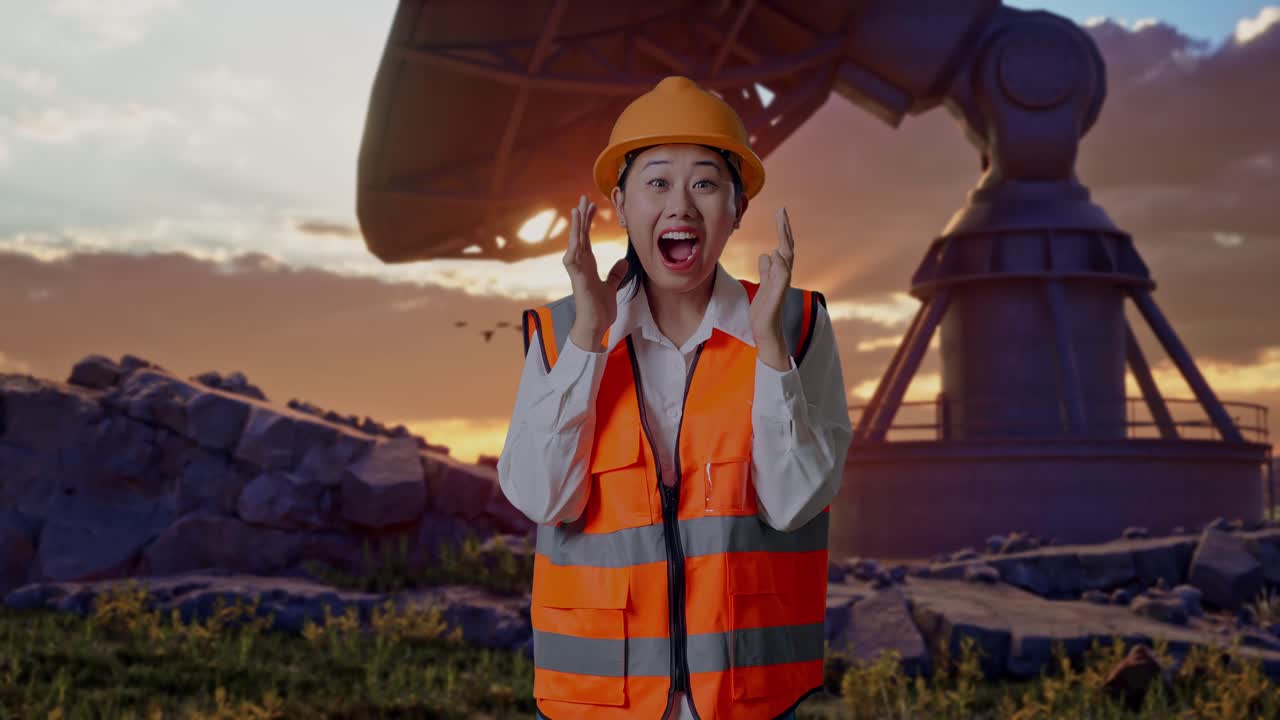 Asian Female Engineer With Safety Helmet Smiling To Camera And Saying Wow While Standing With Large Satellite Dish