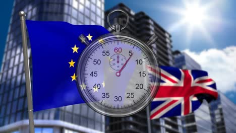 bandera europea y del reino unido detrás de un cronómetro