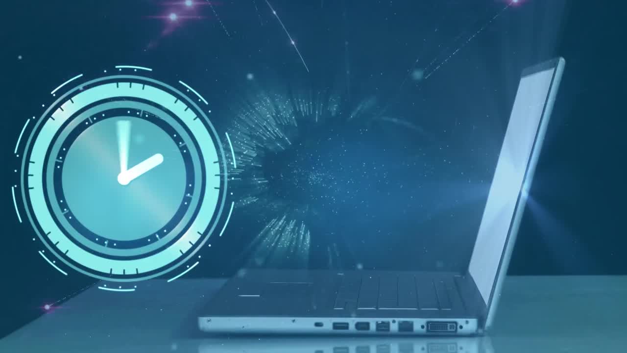 animación del reloj sobre la red de conexiones y la computadora portátil