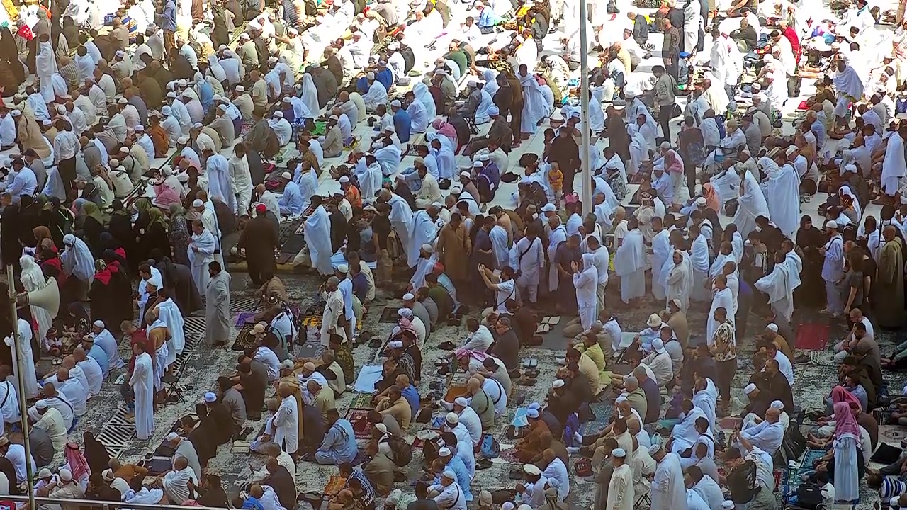 Crowd of Pilgrims Praying at the Grand Mosque in Mecca