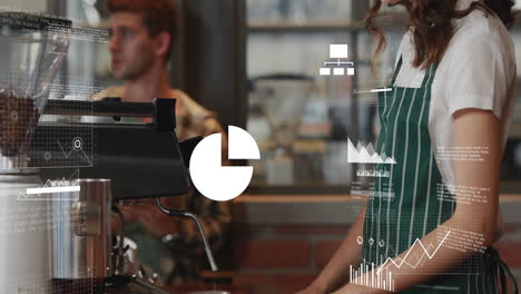 barista preparing coffee for customer at tech cafe, with animated ui charts floating over counter